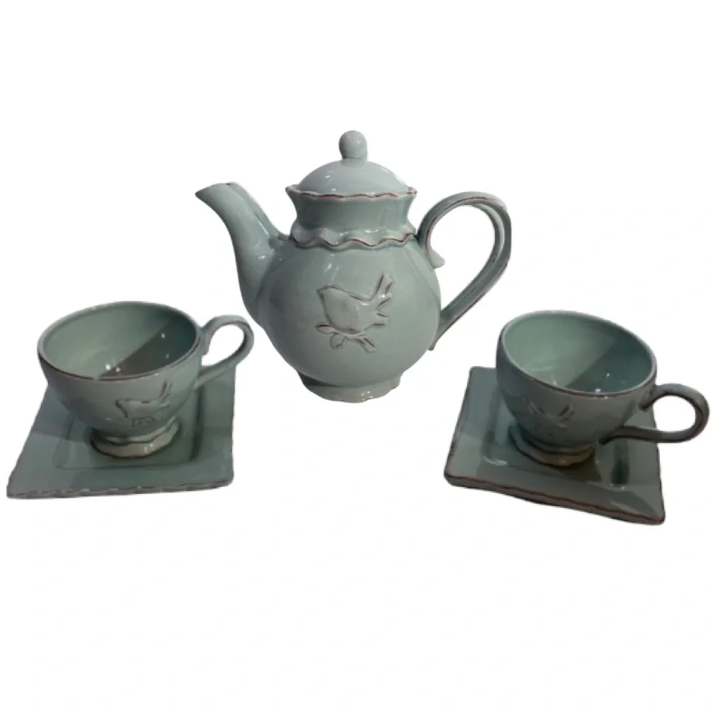 Vintage Tea Set Bird Teapot Teacup Delicate Floral Hand Painted Hand Crafted Art